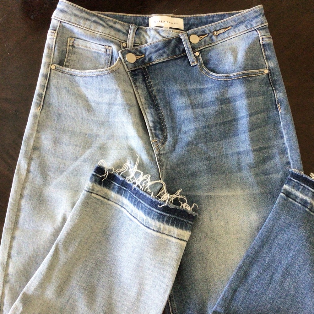 Risen Crossover Jeans Wide Leg Crop, two tone with raw edge hem